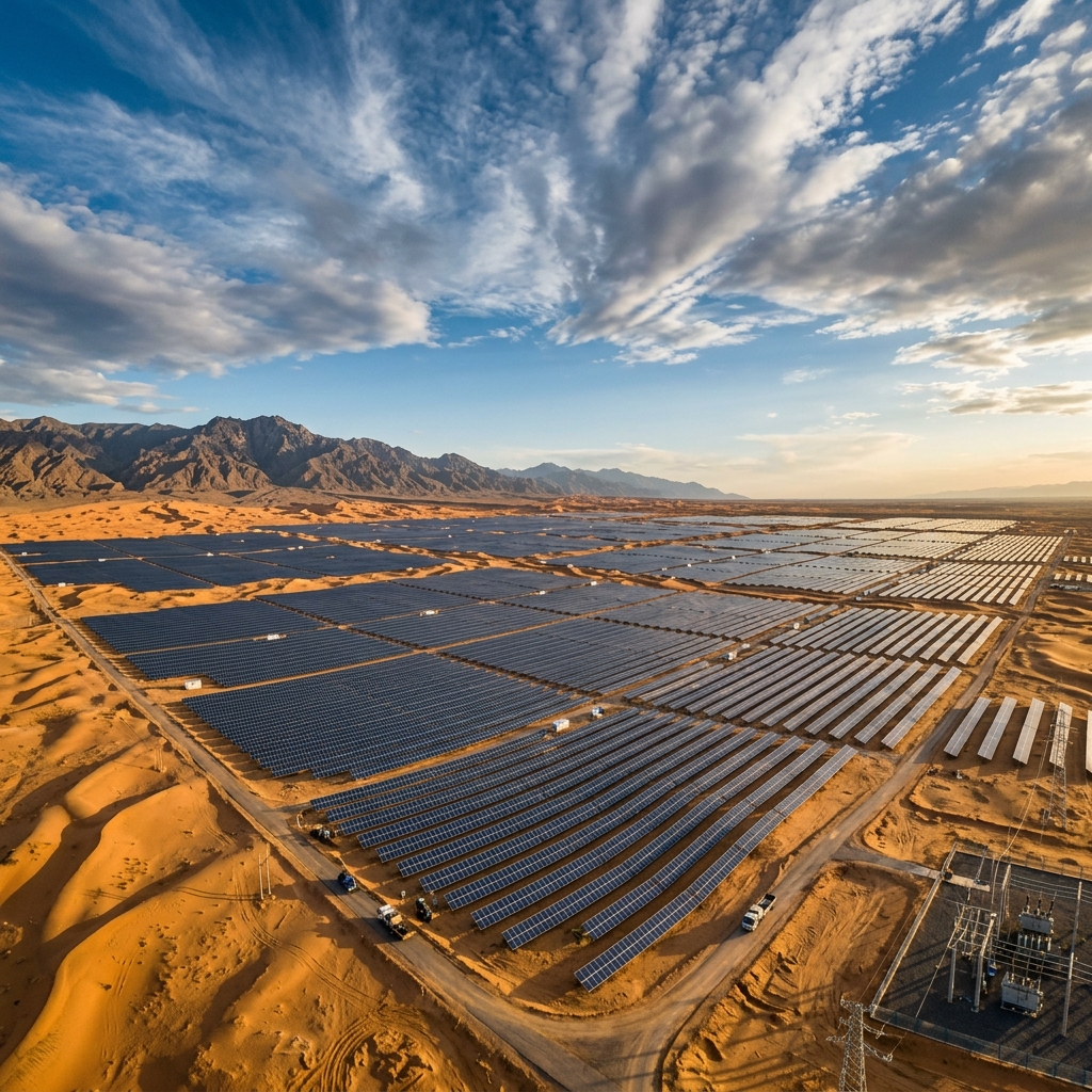 Massive solar farm stretching across the Gobi Desert, hundreds of thousands of panels in geometric rows across golden sand