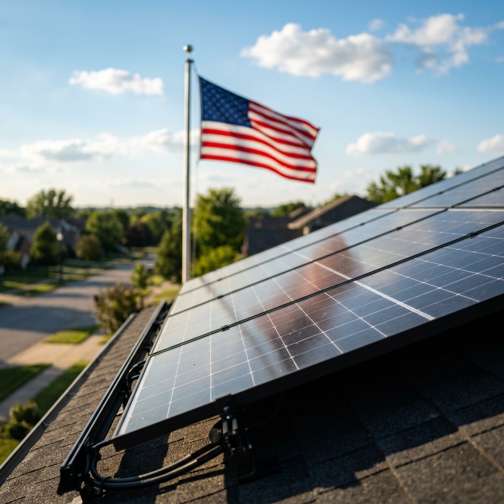 Sleek solar panels on a residential rooftop catching afternoon sunlight with American flag in background